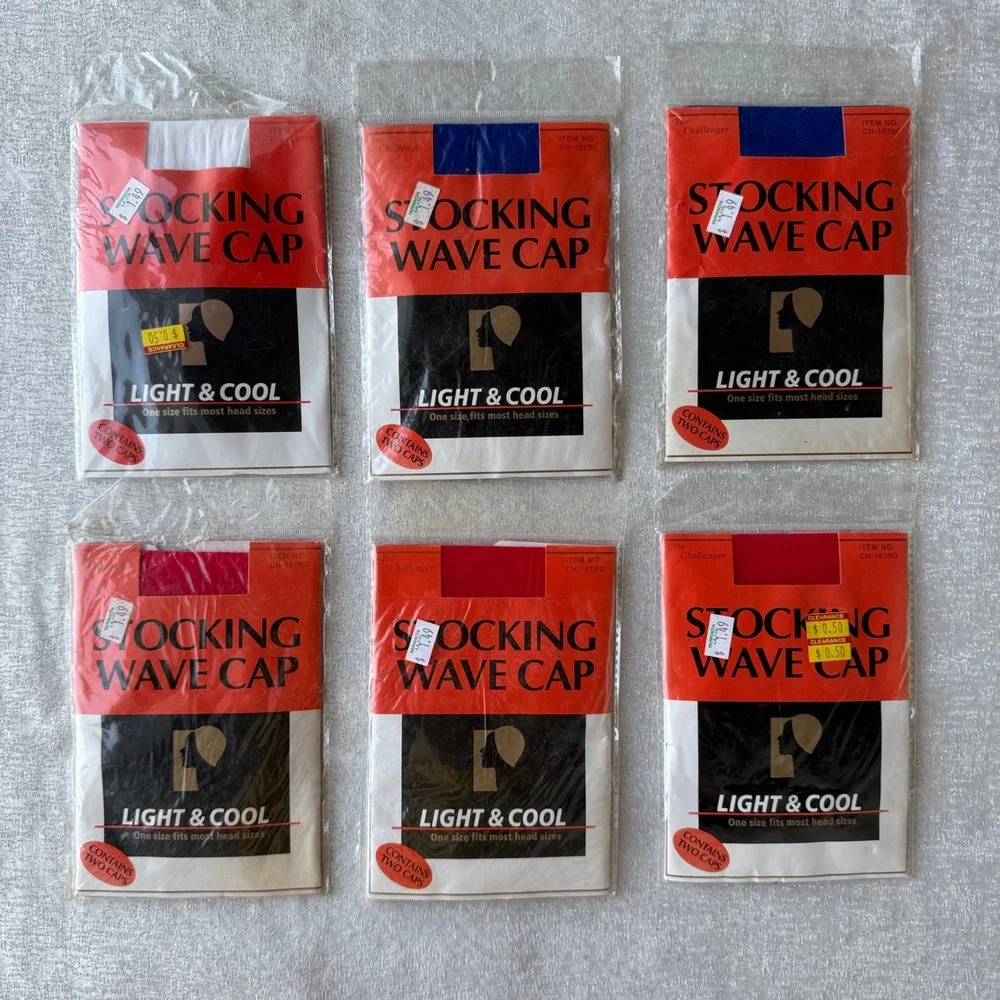 6pk The Challenger Stocking Wave Caps 12pc Red Blue White Nylon Hair Unisex